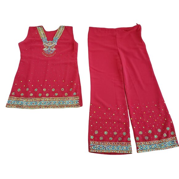 Red Ethnic Indian Tunic Top & Wide-Leg Pants Set Intricate Embroidery & Beading - Picture 3 of 11